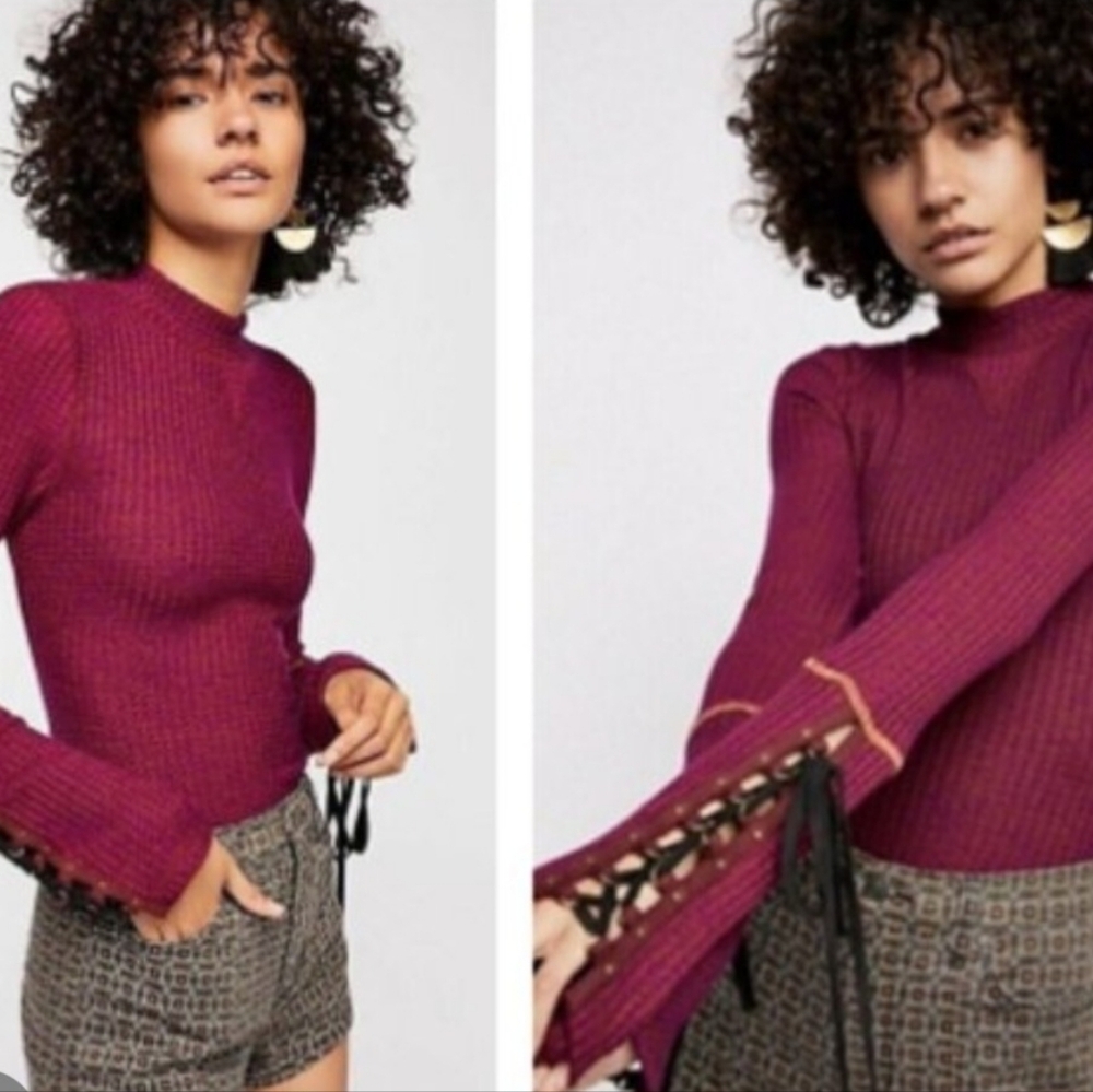 NWT Free People Mountaineer  Burgundy Thermal Top With Lace-Up Detail Cuffs